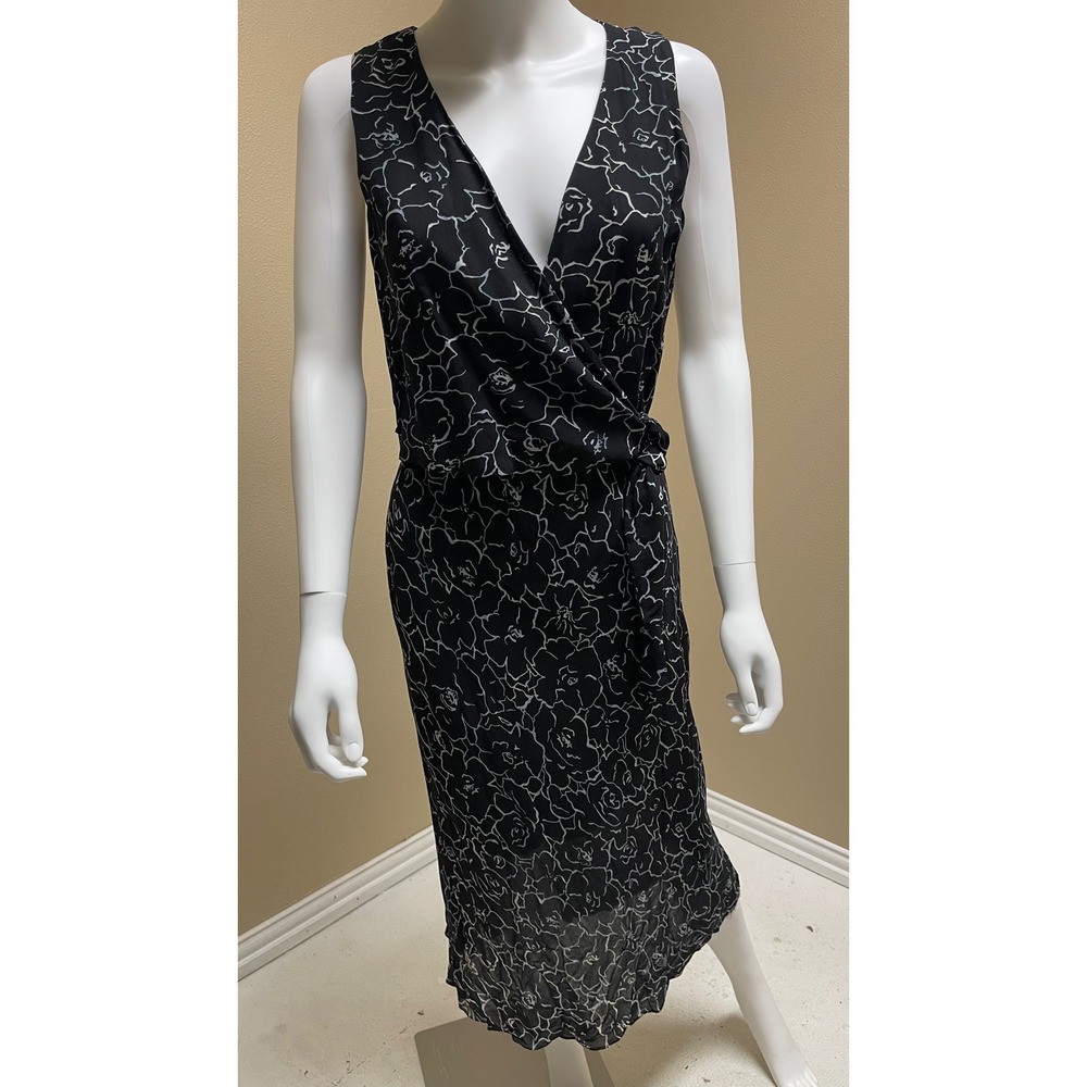 VTG Jones New York Dress Black White Floral Rayon Wrap Midi Sleeveless Size 6